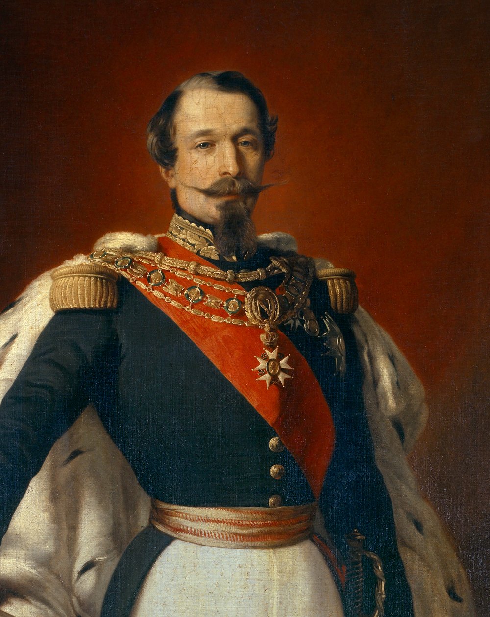 Portrait of Napoleon III (1808-1873), Emperor of the French in front of a view of the Chateau de Saint Cloud. (Detail) of painting by Franz Xaver Winterhalter (1806-1873) by Franz Xaver  Winterhalter (after)