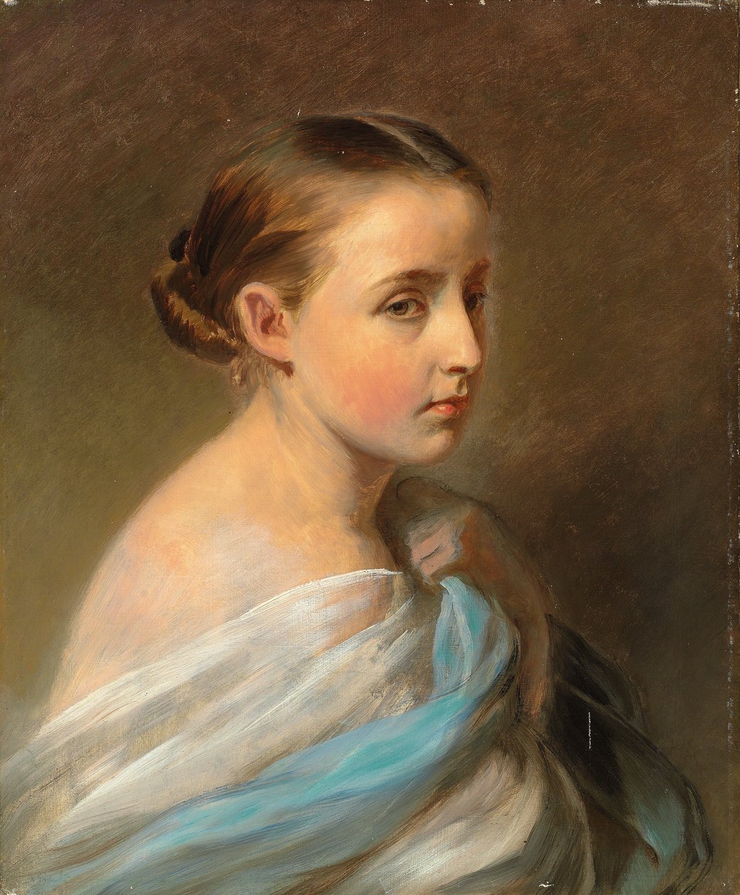 Portrait of a Girl, Head and Shoulders, Draped in a Blue and White Wrap by Franz Xaver Winterhalter