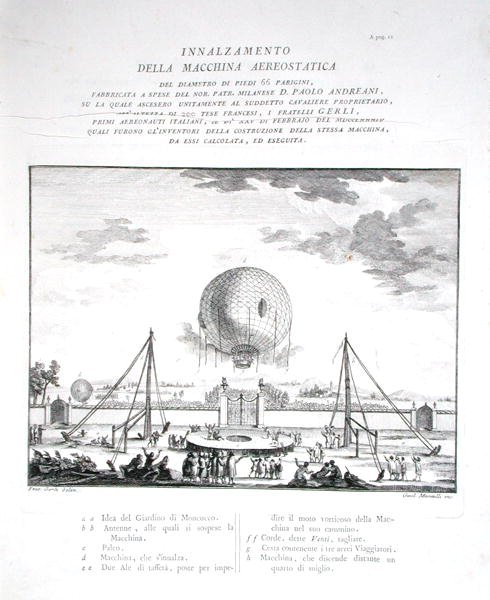 First Manned Hot Air Balloon Flight in Italy made by Paolo Andreani, engraved by Girolamo Mantelli, published 1785 by Fratelli Gerli (after)