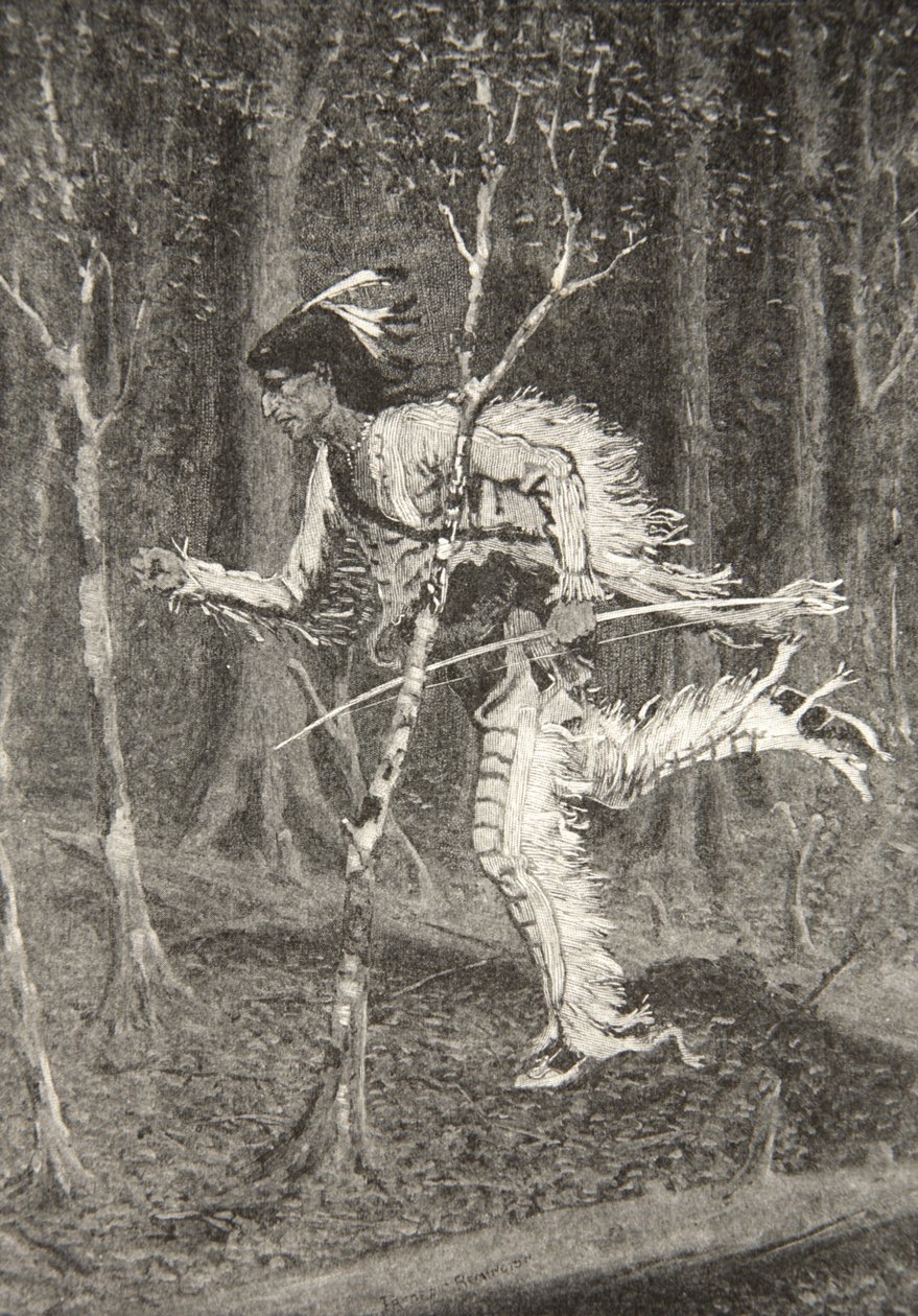 Through bush, and brake, and forest, Ran the cunning Pau-Puk-Keewis, from The Song of Hiawatha by Henry Wadsworth Longfellow, pub. by George G. Harrap and Company Ltd., 1911 by Frederic Remington