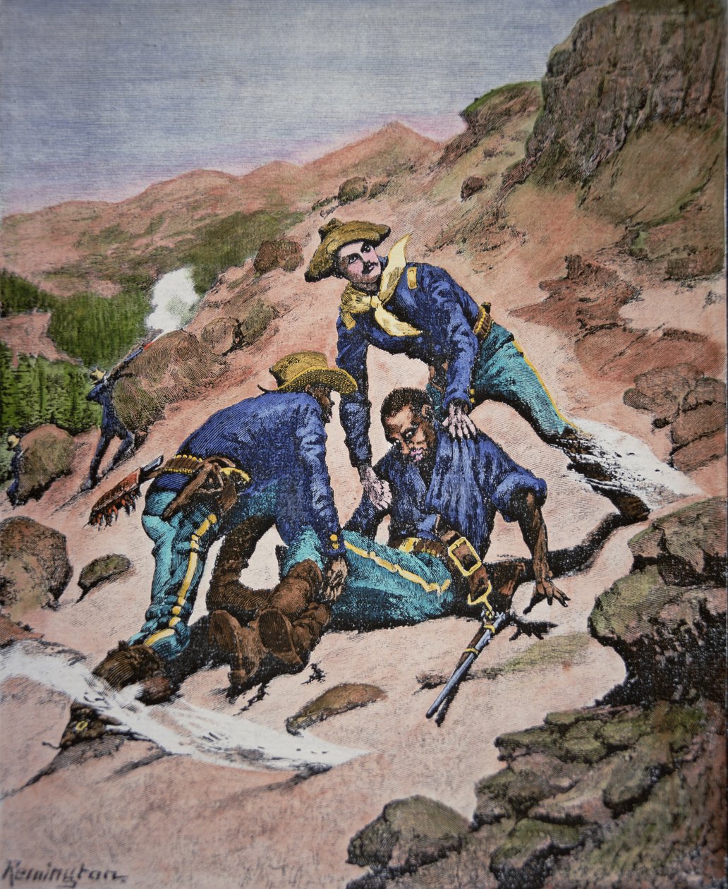 The Rescue of Corporal Scott during the Geronimo campaign of 1886 by Frederic (after) Remington