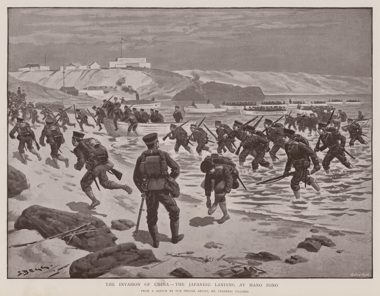 The Invasion of China, the Japanese landing at Hano Zono by Frederic (after) Villiers