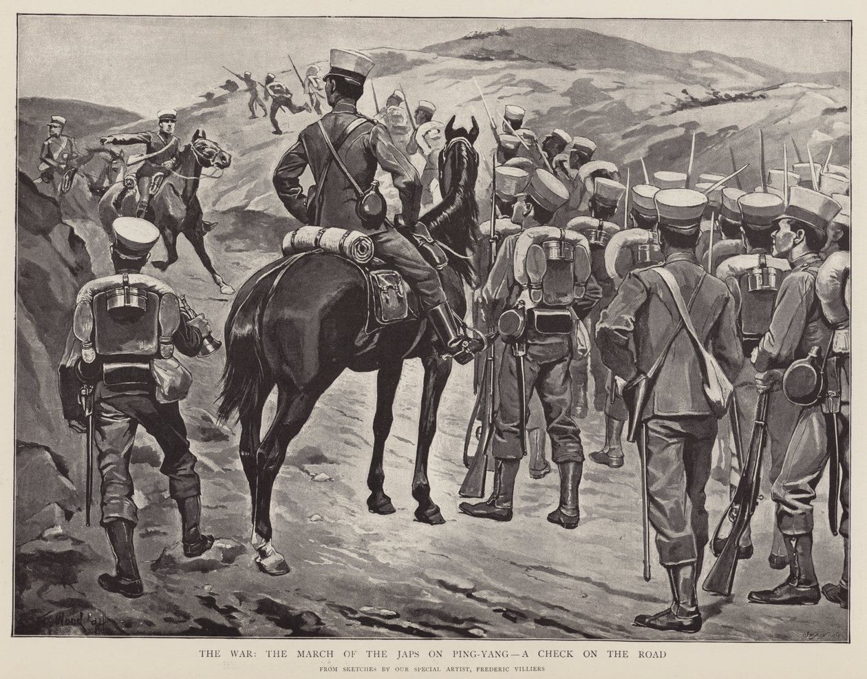 The War, the March of the Japs on Ping-Yang, a check on the road by Frederic (after) Villiers