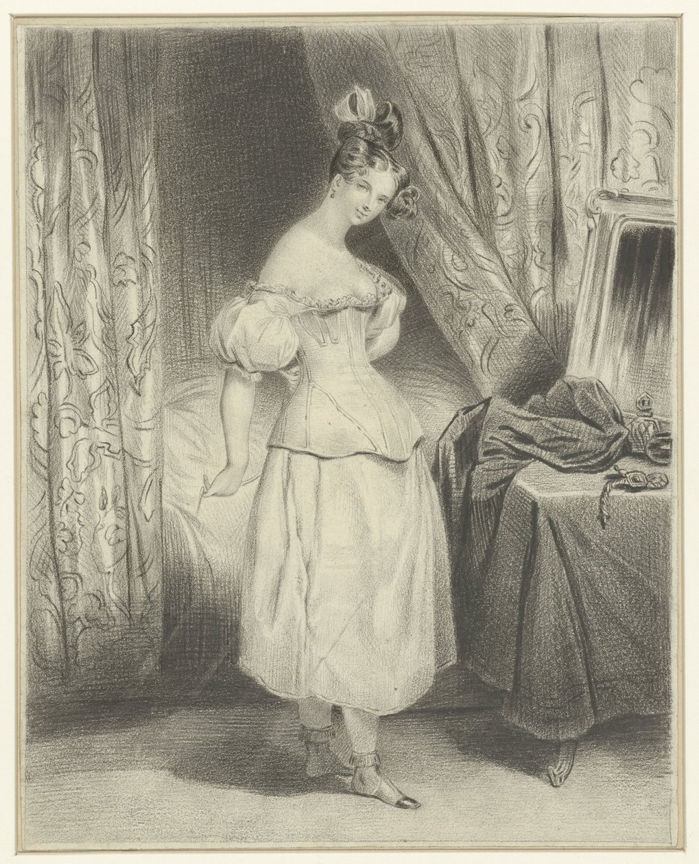Young Woman in Bedroom, Loosening Her Corset by Frederic Bouchot