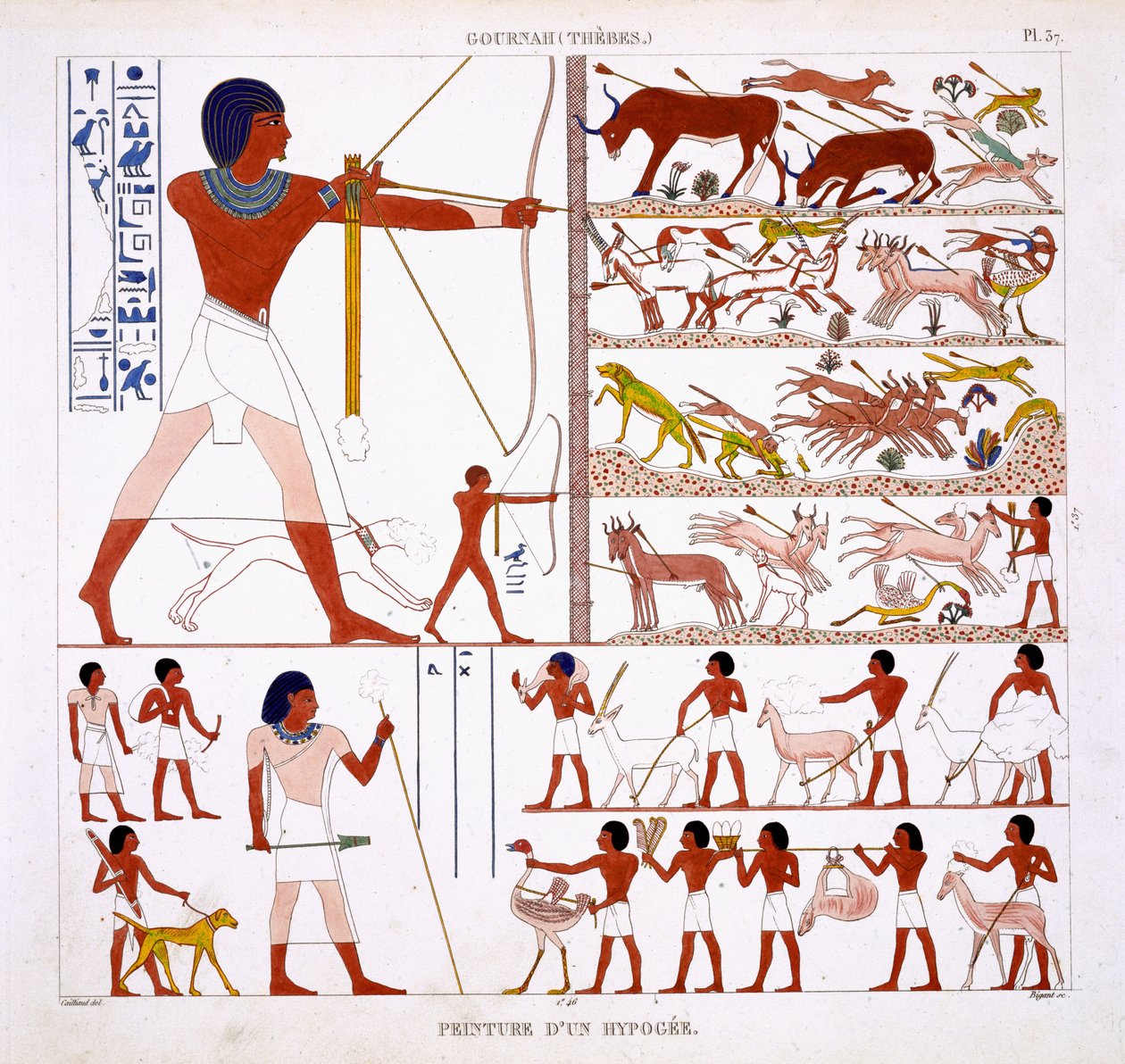 Hunting Scenes, from a Rare Record of Frescoes from Thebes, recorded 1819-1822 on his second visit to Egypt by Frederic Cailliaud, colour litho by Frederic Cailliaud