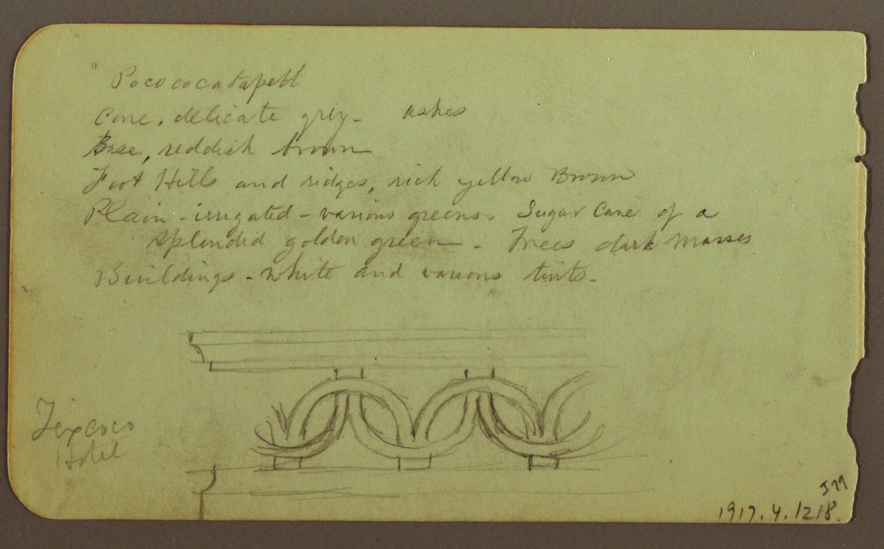 Popocatapel; Verso: Frieze on Texcoco Hotel, December 18, 1883 by Frederic Edwin Church