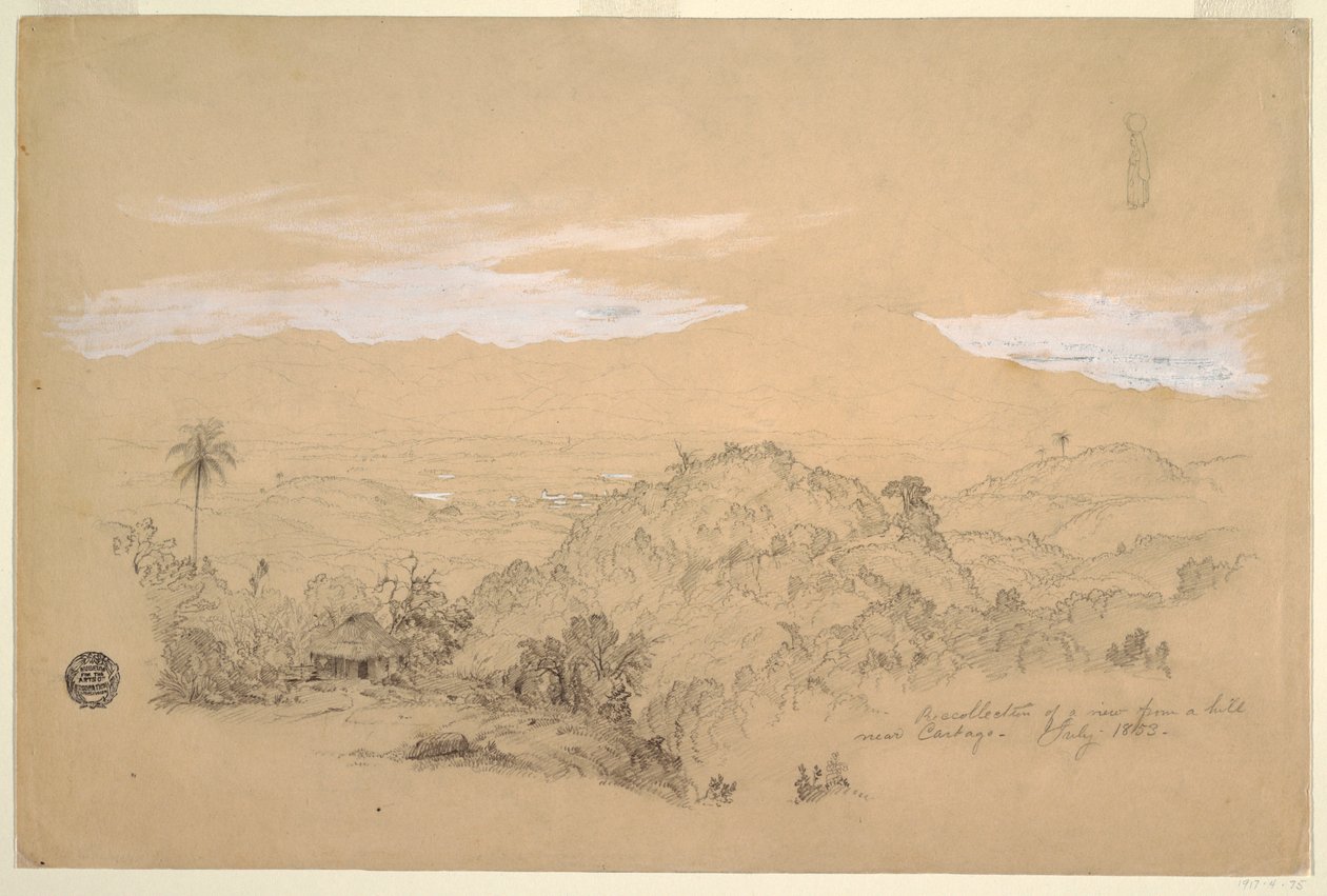 Recollections of a View from a Hill near Cartago, Colombia with a Woman Carrying a Water Jar on Her Head, July 1853 by Frederic Edwin Church