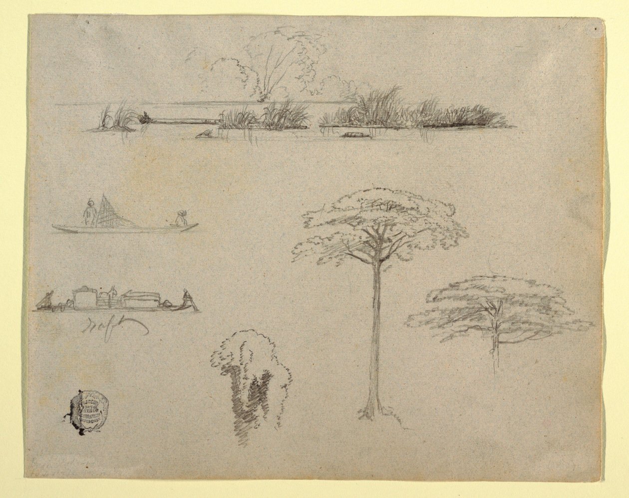 Sketches from Colombia: River Landscape, Men on Rafts, and Trees, 1853 by Frederic Edwin Church