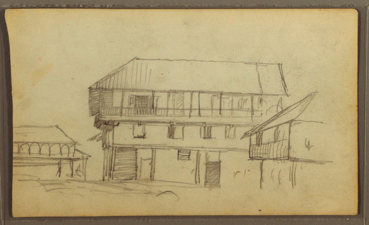 Street Corner in Guayaquil, Ecuador; Verso: Botanical Sketches, House, Ecuador or Colombia, 1857 by Frederic Edwin Church