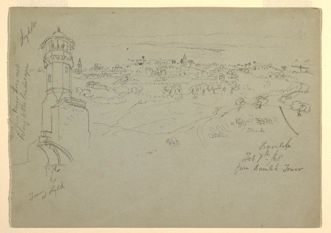 Tower at Lydda, and Ramleh seen from Ramleh Tower, Palestine [Ramleh, Israel], February 7 and 10, 1868 by Frederic Edwin Church
