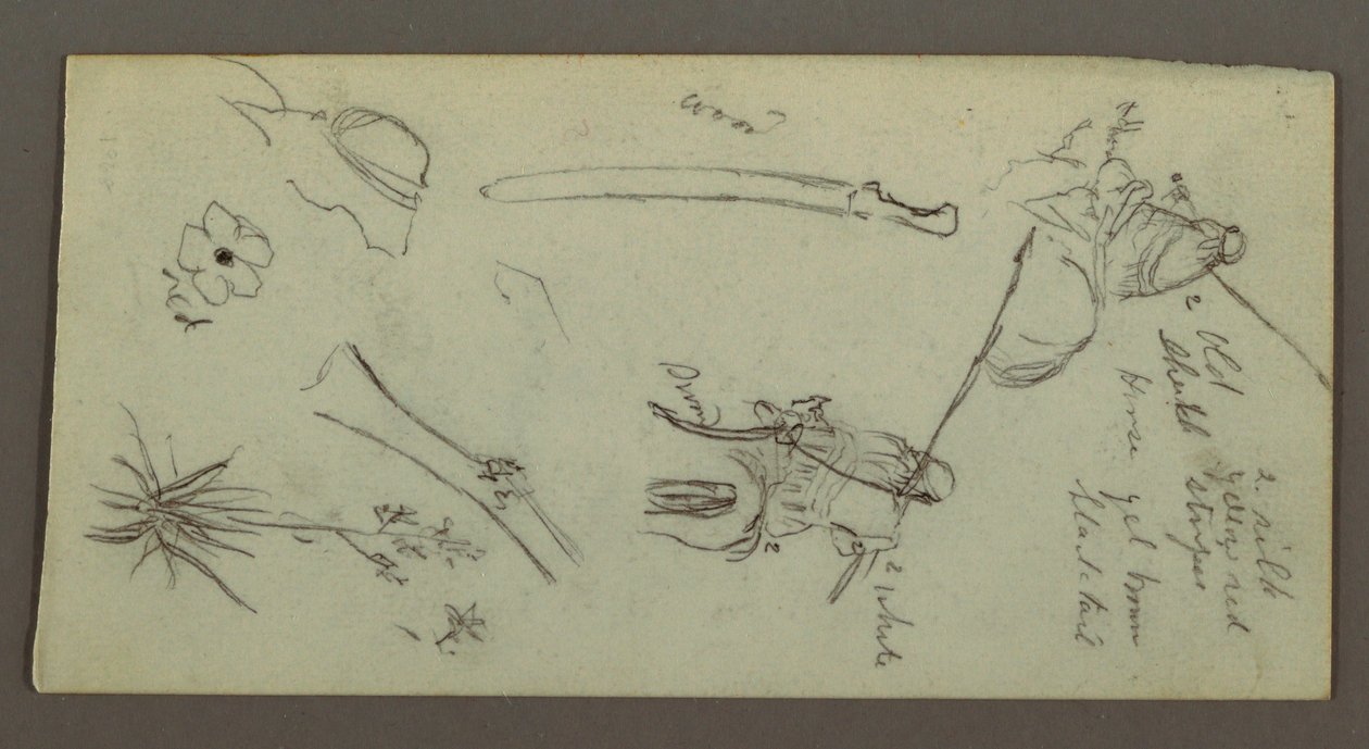 Two Figures Riding Horses, Carrying Spears, Sword, Lower Part of A Gun, etc., possibly 1868 by Frederic Edwin Church