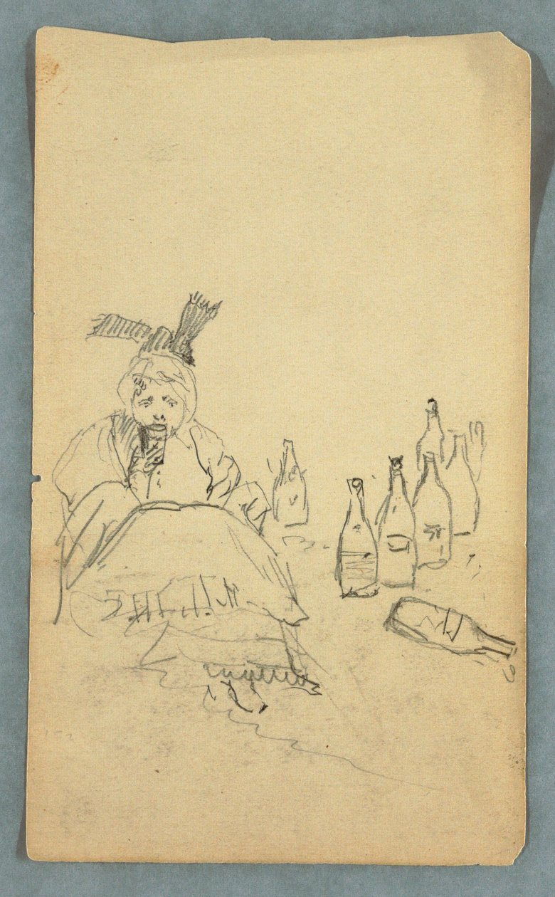 Woman drinking, wine bottles, recto; Shopping List for Mount Katahdin Climb, verso, Fall 1878? by Frederic Edwin Church