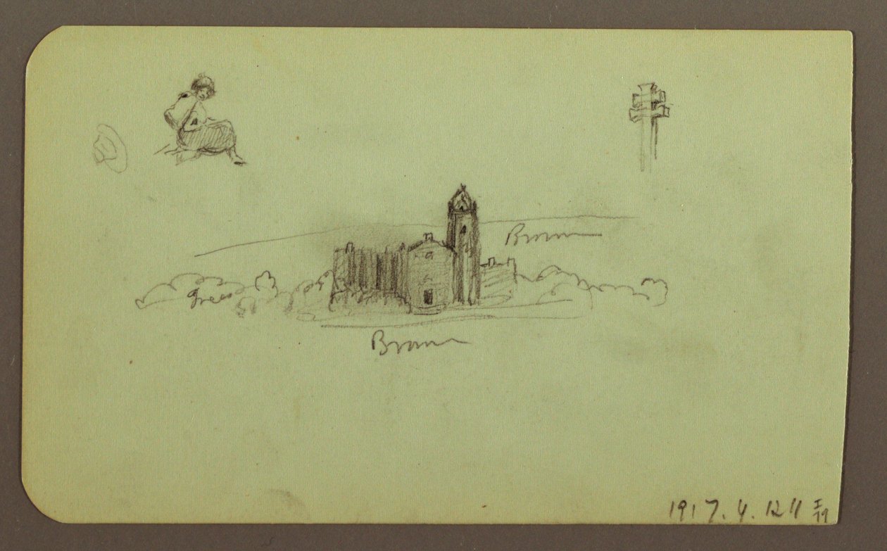 Hills, Church, Bridge; Figure, Cross, Church, 1883 by Frederic Edwin Church