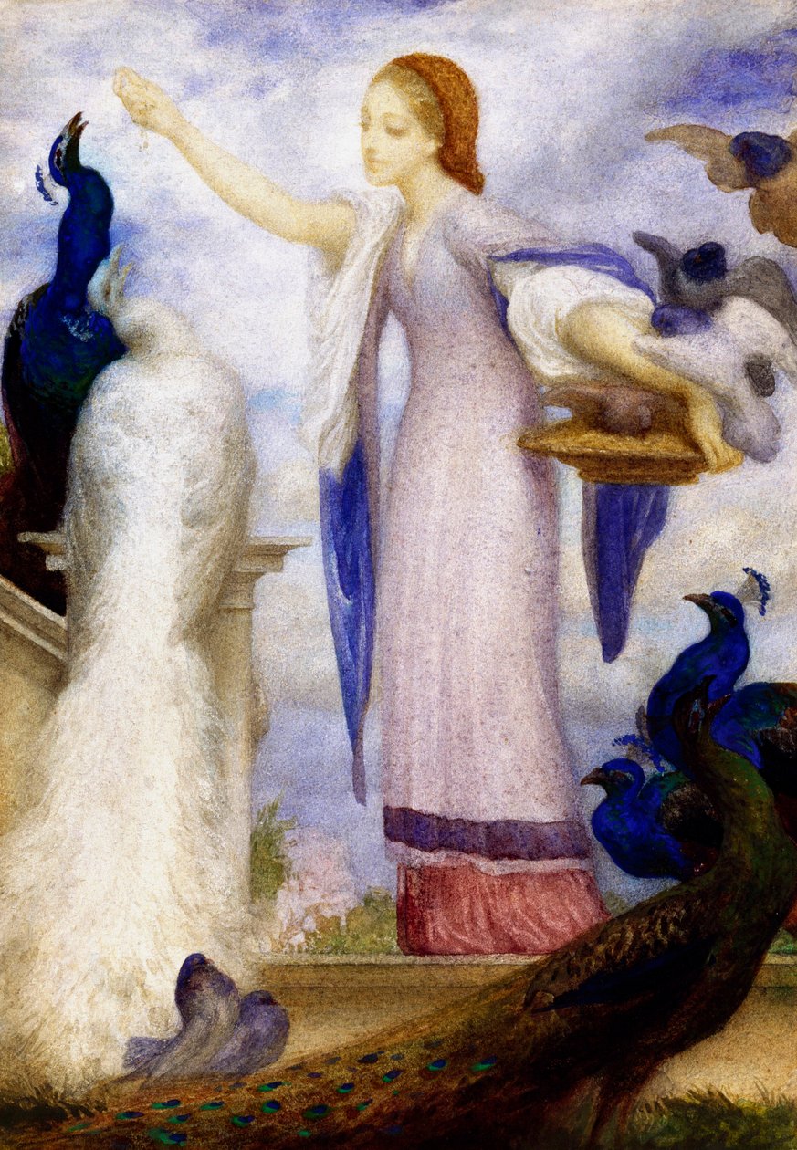 Young Girl Feeding Peacocks by Frederic Leighton
