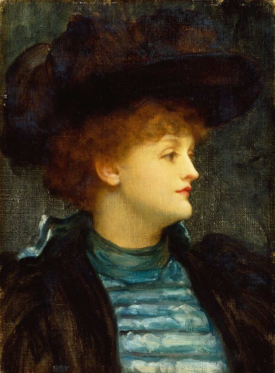 Portrait of Woman in Turquoise Dress With Black Coat and Hat by Frederic Leighton