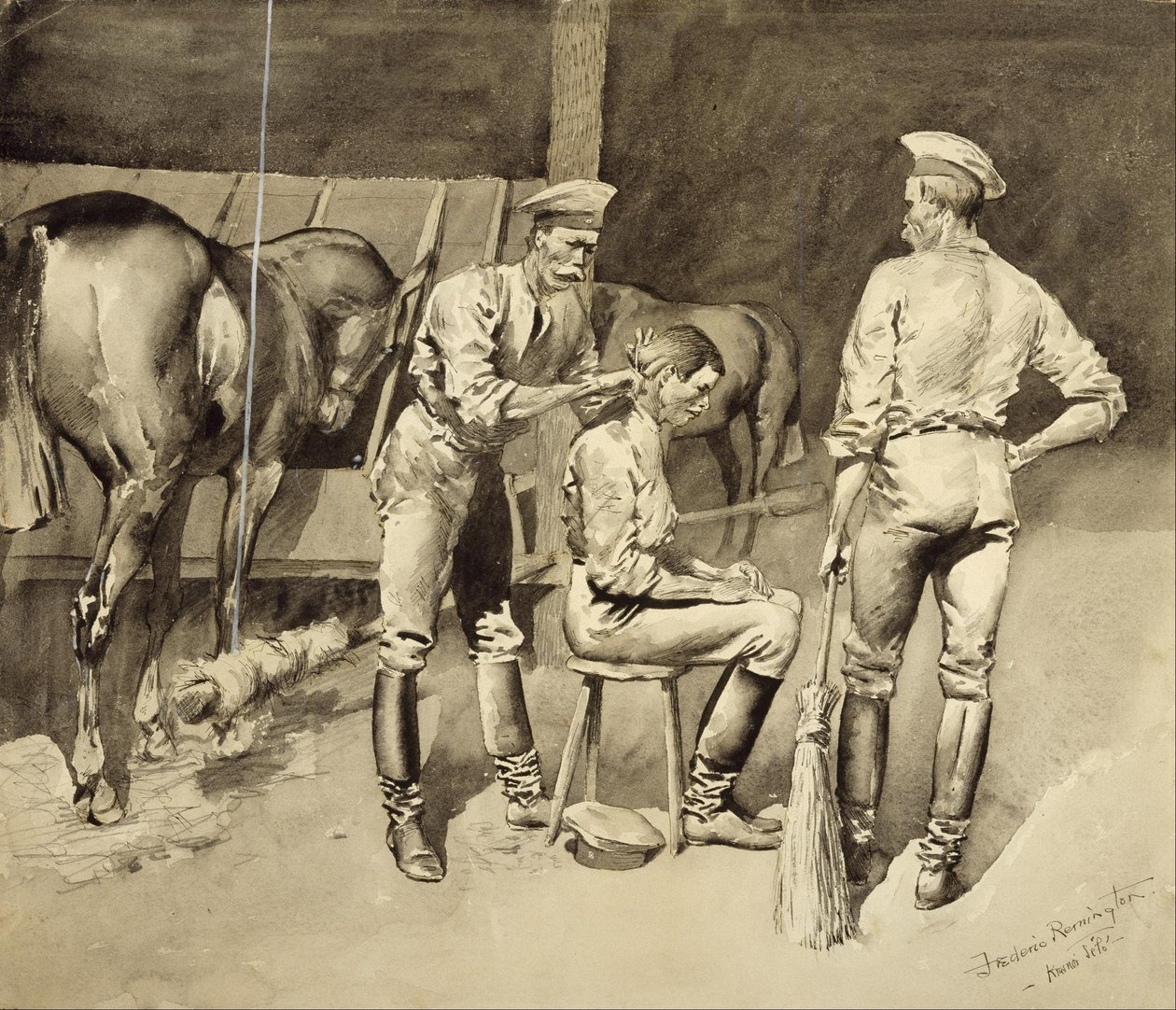 A Haircut in a Cavalry Stable by Frederic Remington