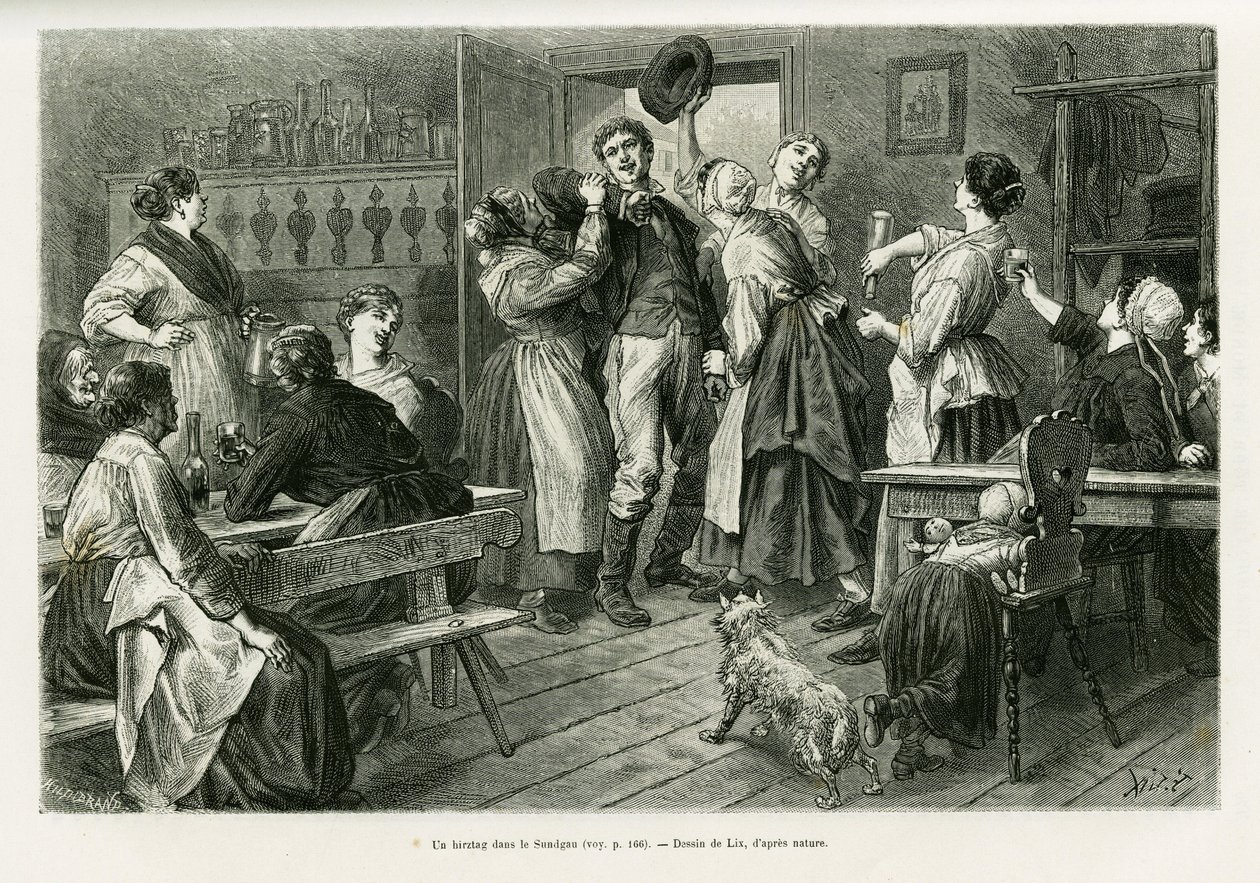 A hirtztag, a kind of carnival where everything is allowed for women, in the Sundgau. Engraving by Lix to illustrate the story 