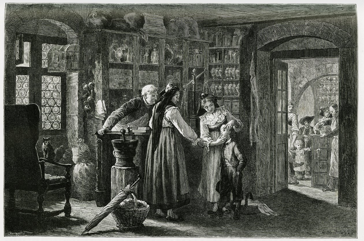 At the pharmacist of the village of Kaysersberg, an emergency consultation. Engraving to illustrate the story 