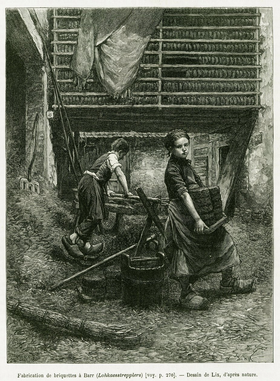 Child labour in briquetting, Barr. Engraving to illustrate the story A Through Alsace and Lorraine, in 1887, by Charles Grad, in the tour du monde 1888, directed by Edouard Charton, Hachette, Paris. by Frederic Theodore Lix