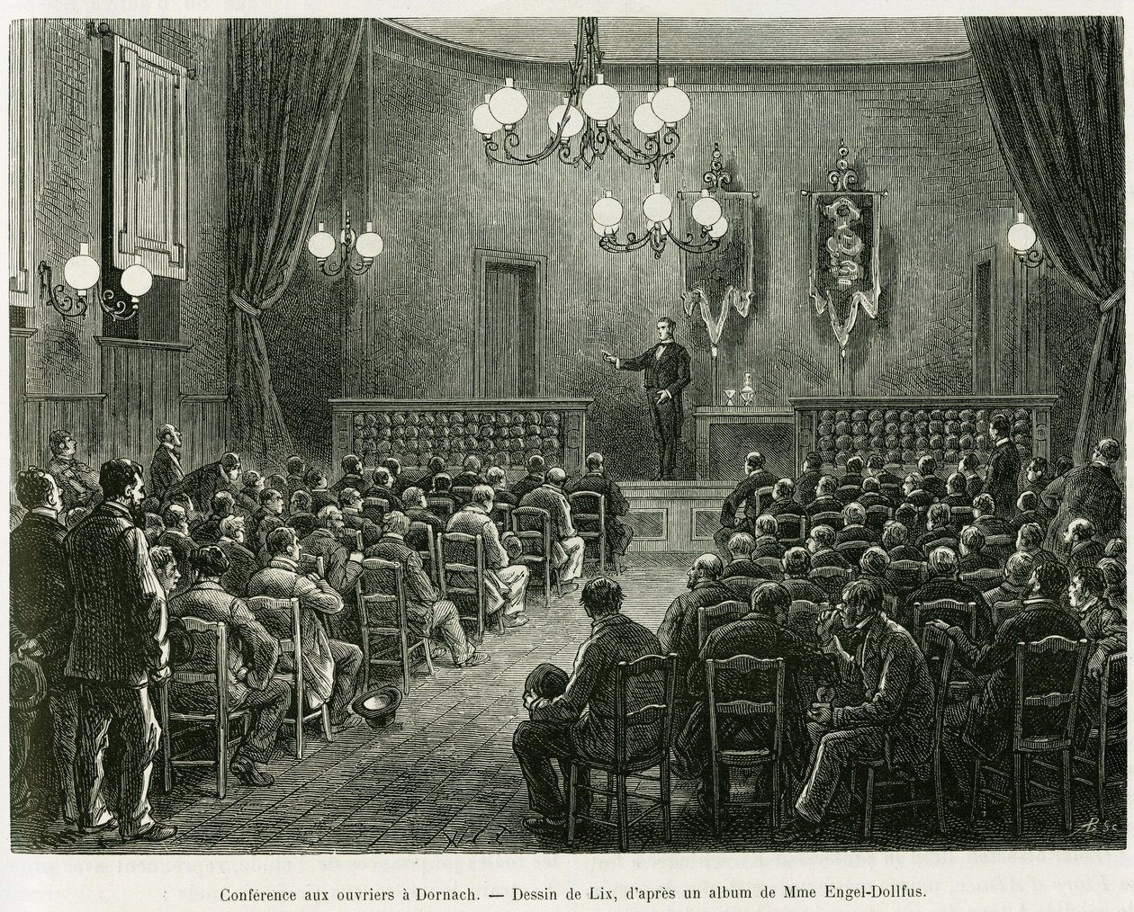 Conference to the workers of the Dollfus Mieg workshops, in Dornach. Engraving by Lix to illustrate the story 