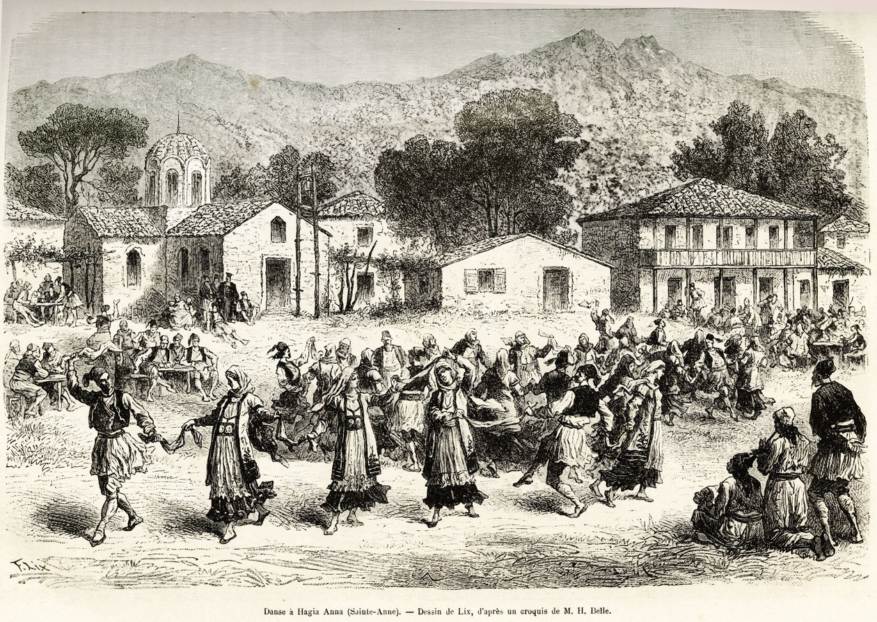 Folk dance in the village square Haggia Anna (St. Anne). Engraving after the drawing of Lix, to illustrate the voyage in Greece, by Henri Belle, in 1861-1868-1874, published in Le tour du monde 1876, edited by Edouard Charton, Hachette edition, Paris by Frederic Theodore Lix
