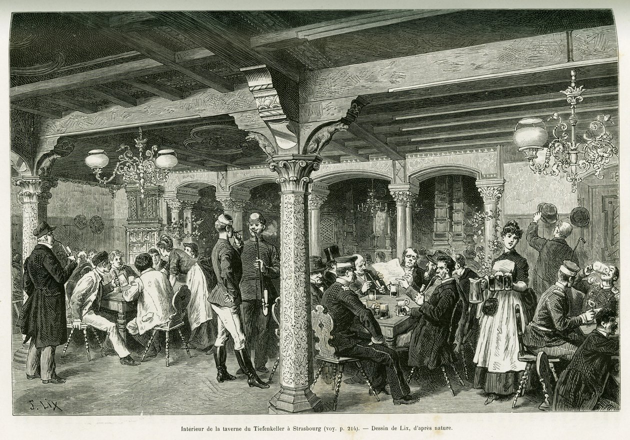 Interior of the Tiefenkeller tavern in Strasbourg. Engraving by Lix, to illustrate the story 