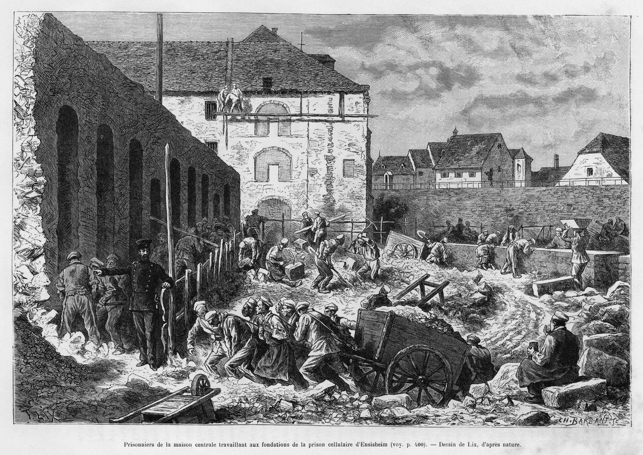 Prisoners of the central house working on the foundations of the Ensisheim cell prison. Engraving by Lix to illustrate the story A travers l
