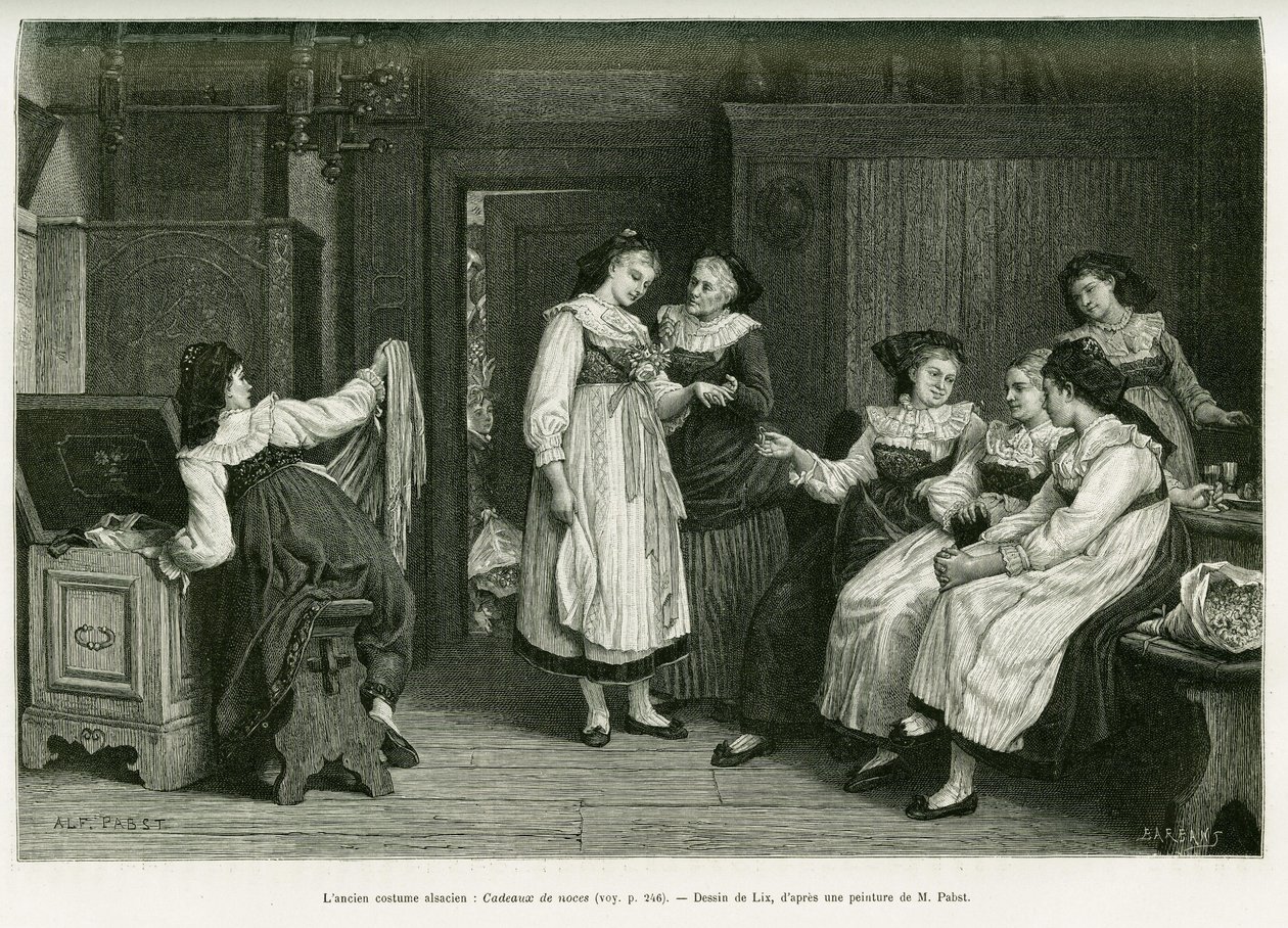 The old Alsatian costume. Engraving after a painting Present de Noces by Pabst, to illustrate the story A Through Alsace and Lorraine, by Charles Grad, in 1885, in the tour du monde 1887, under the direction of Edouard Charton. by Frederic Theodore Lix