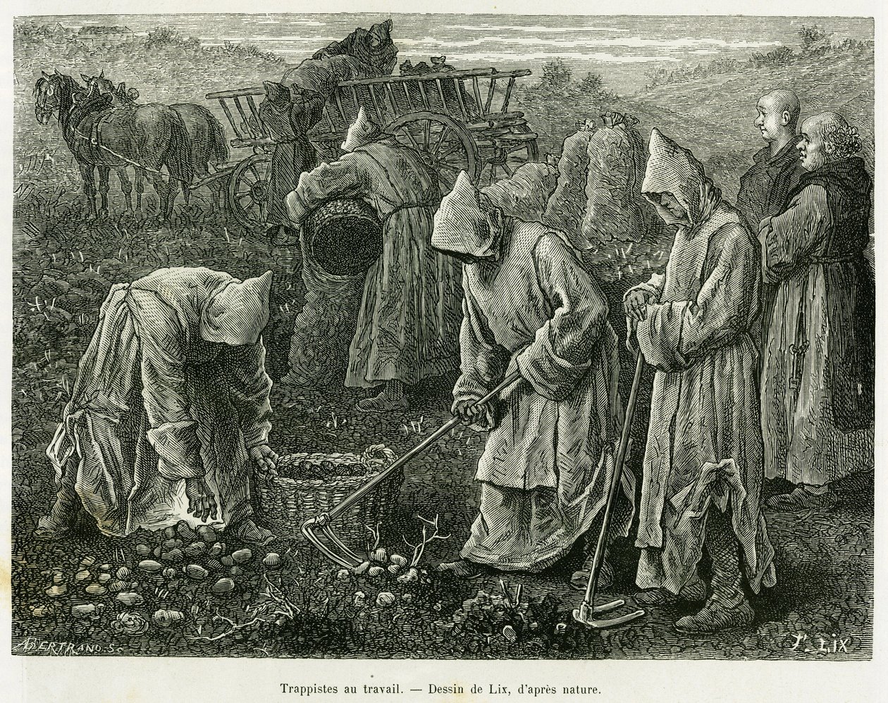 Trappists at work. Engraving to illustrate the story A travers l