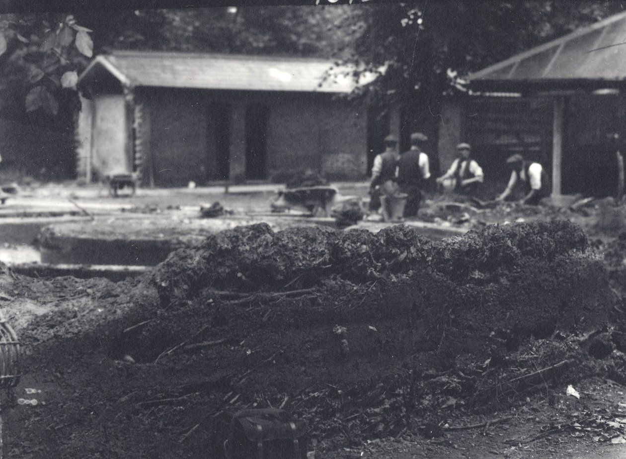 Beaver lodge with keepers in background, London Zoo, July 1916 by Frederick William Bond