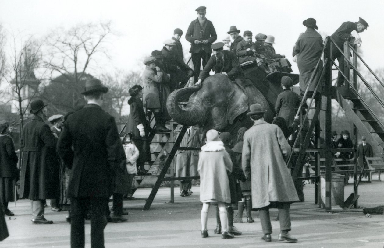 Crowds watching visitors embarking on an elephant ride, overseen by keeper Arthur Church, London Zoo by Frederick William Bond