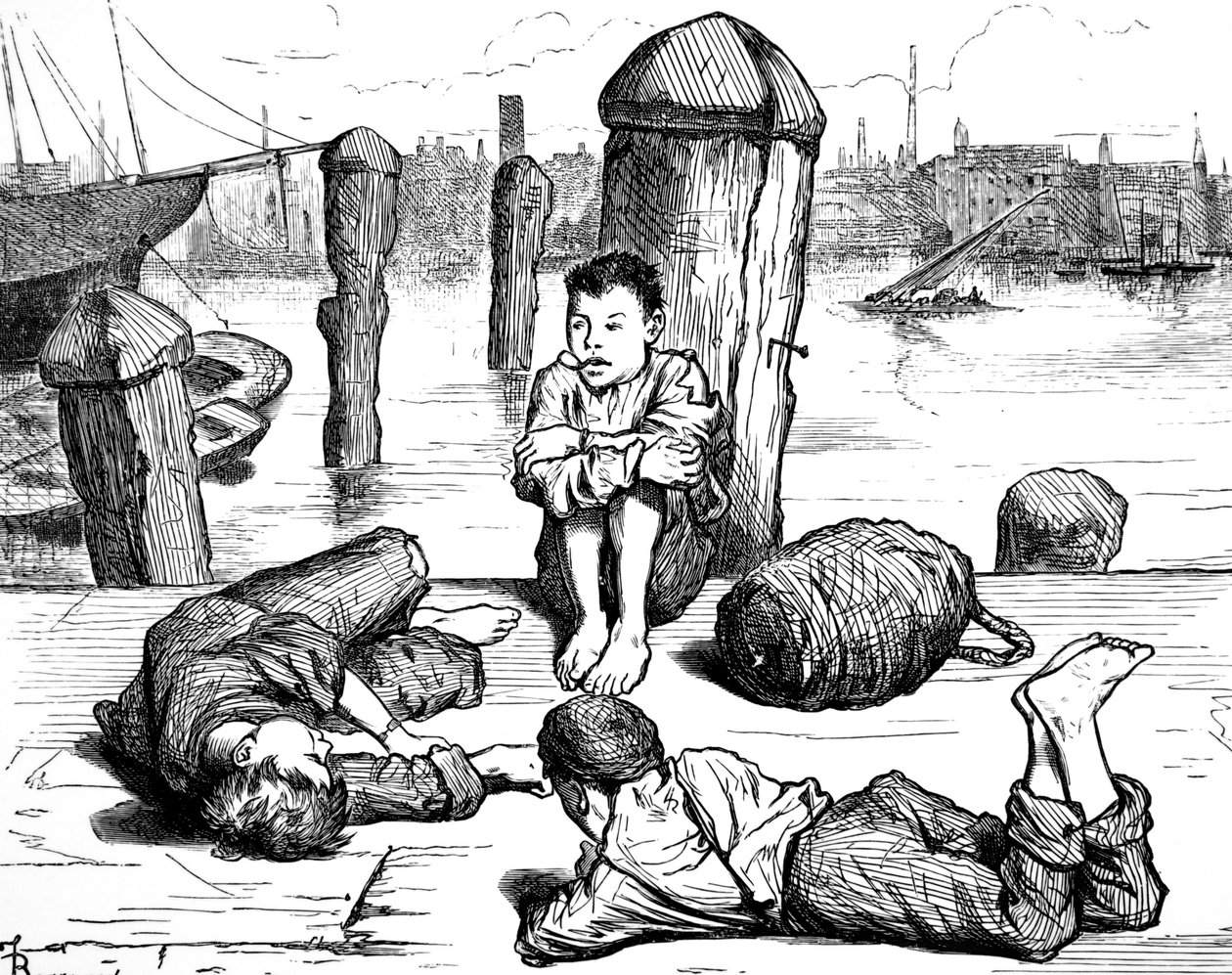Destitute London boys passing the time by smoking by Frederick Barnard