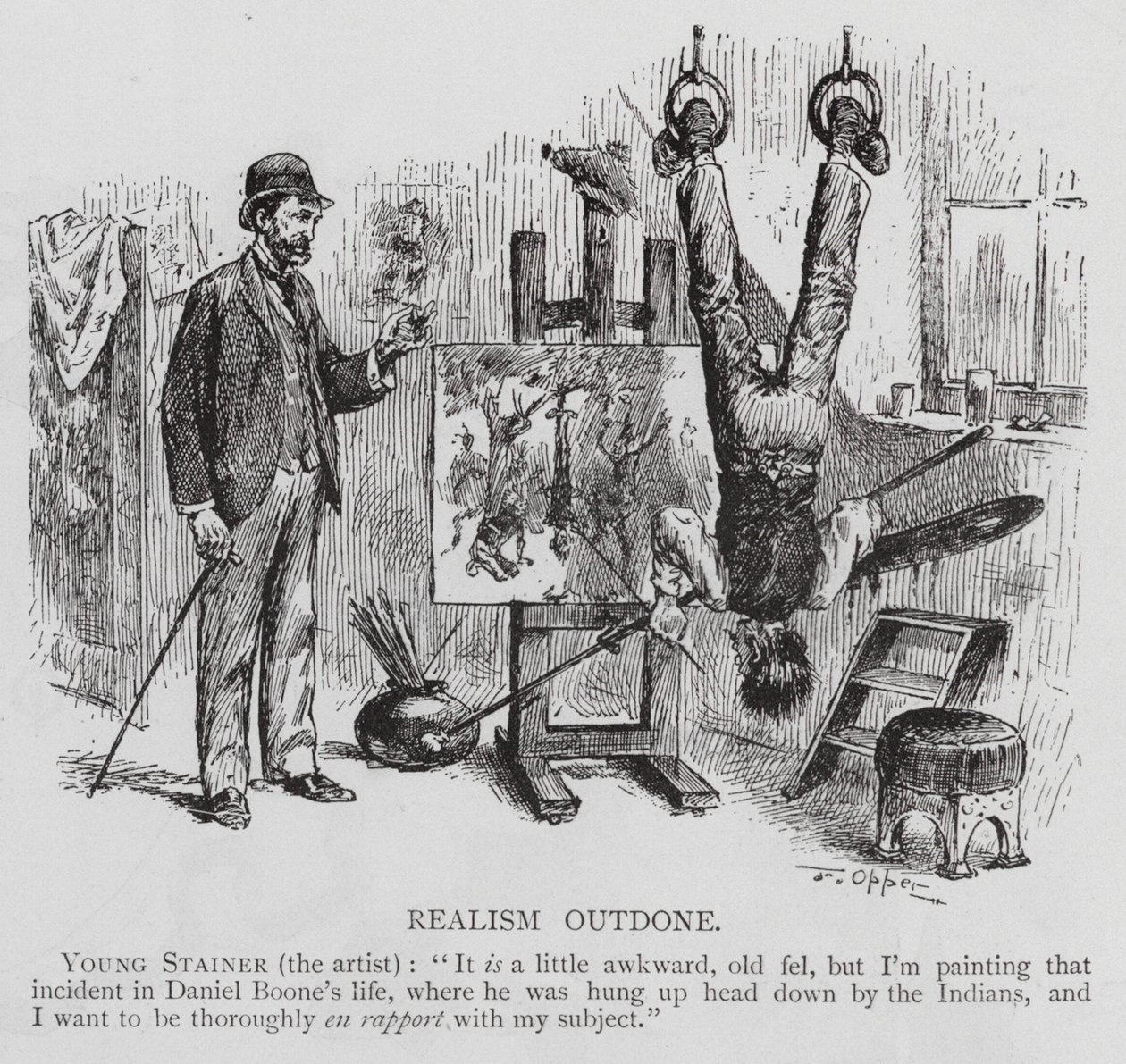 Artist painting Daniel Boone captured by Native Americans and hung upside down by Frederick Burr Opper