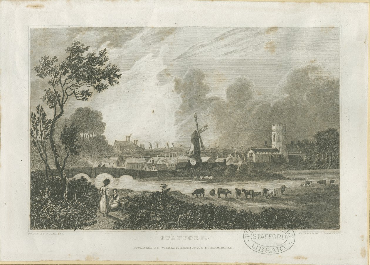 Stafford - South West View: Engraving by Frederick Calvert