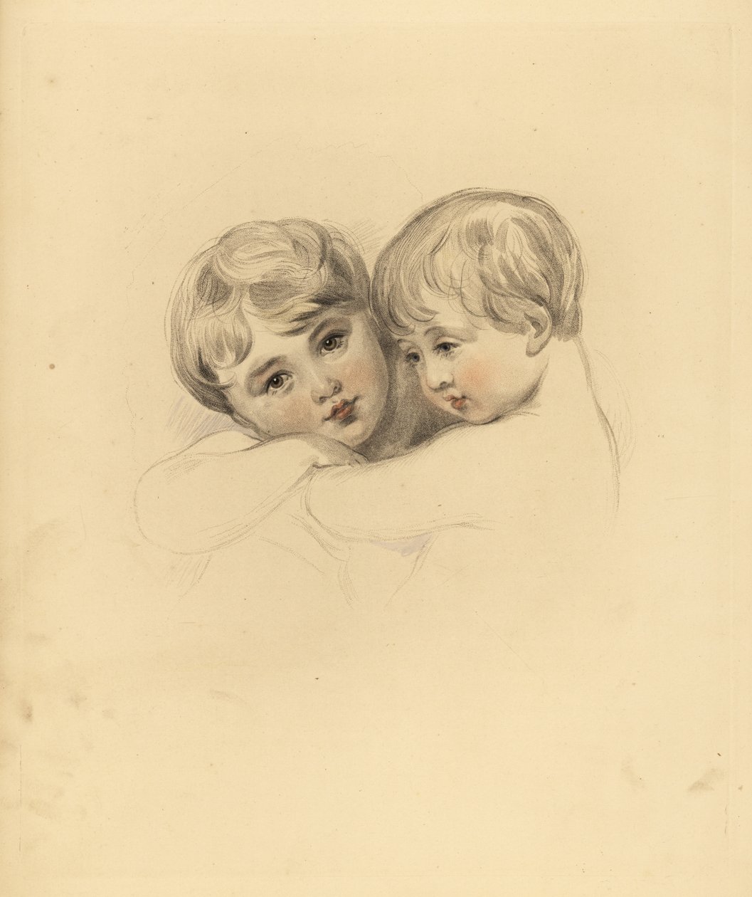 Portrait of the Calmeady children in an embrace. Hand-tinted engraving by Frederick Christian Lewis after an illustration by Sir Thomas Lawrence from P.G. Patmore’s Cabinet of Gems, Ackermann, London by Frederick Christian Lewis