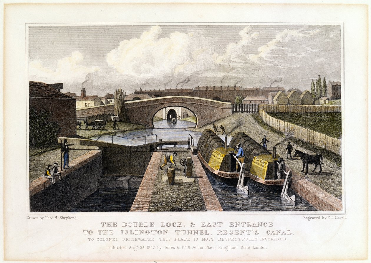 The Double Lock and East Entrance to the Islington Tunnel, Regents Canal, 1827 by Frederick James Havell