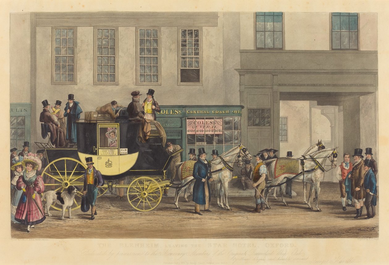 The Blenheim, Leaving the Star Hotel, Oxford by Frederick James Havell after George Havell
