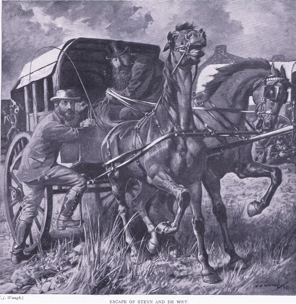Escape of Steyn and De Wit (illustration from After Pretoria: The Guerilla War, 1902) by Frederick Judd Waugh