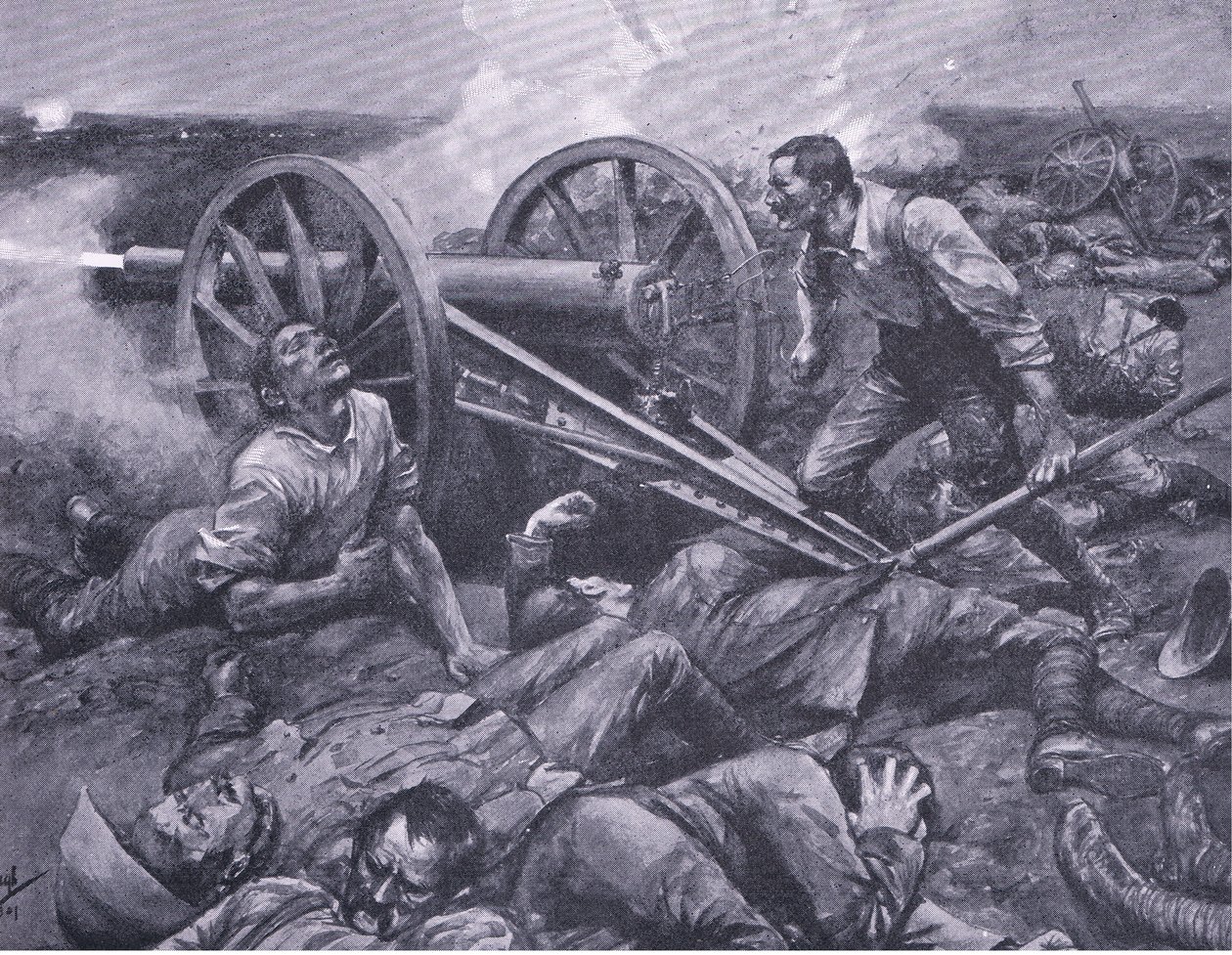 The defence of Dewetsdorp: working a 15 pounder single handed (illustration from After Pretoria: The Guerilla War) by Frederick Judd Waugh