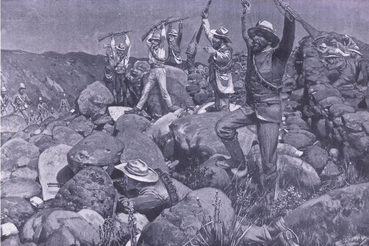 The feigned surrender which drew the Liverpools into a desperate position (illustration from After Pretoria: The Guerilla War, 1902) by Frederick Judd Waugh