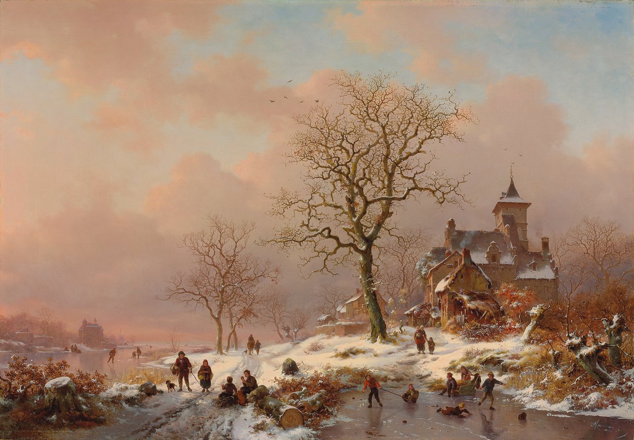 Winter Landscape with Figures Playing on the Ice by Frederick Marianus Kruseman