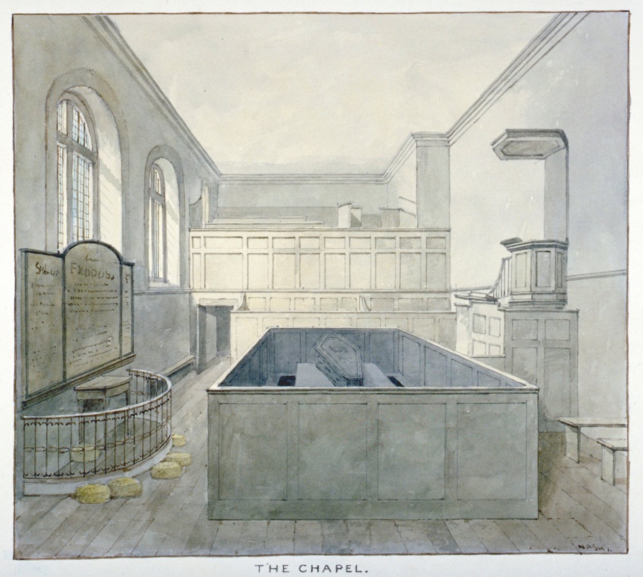Interior view of the chapel in Newgate Prison, Old Bailey, City of London by Frederick Nash