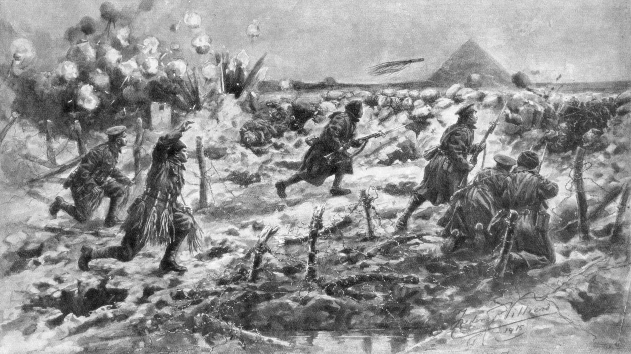 A British attack using the bayonet and grenade, Neuve-Chapelle, France, 10 March 1915, 1926 by Frederick Villiers