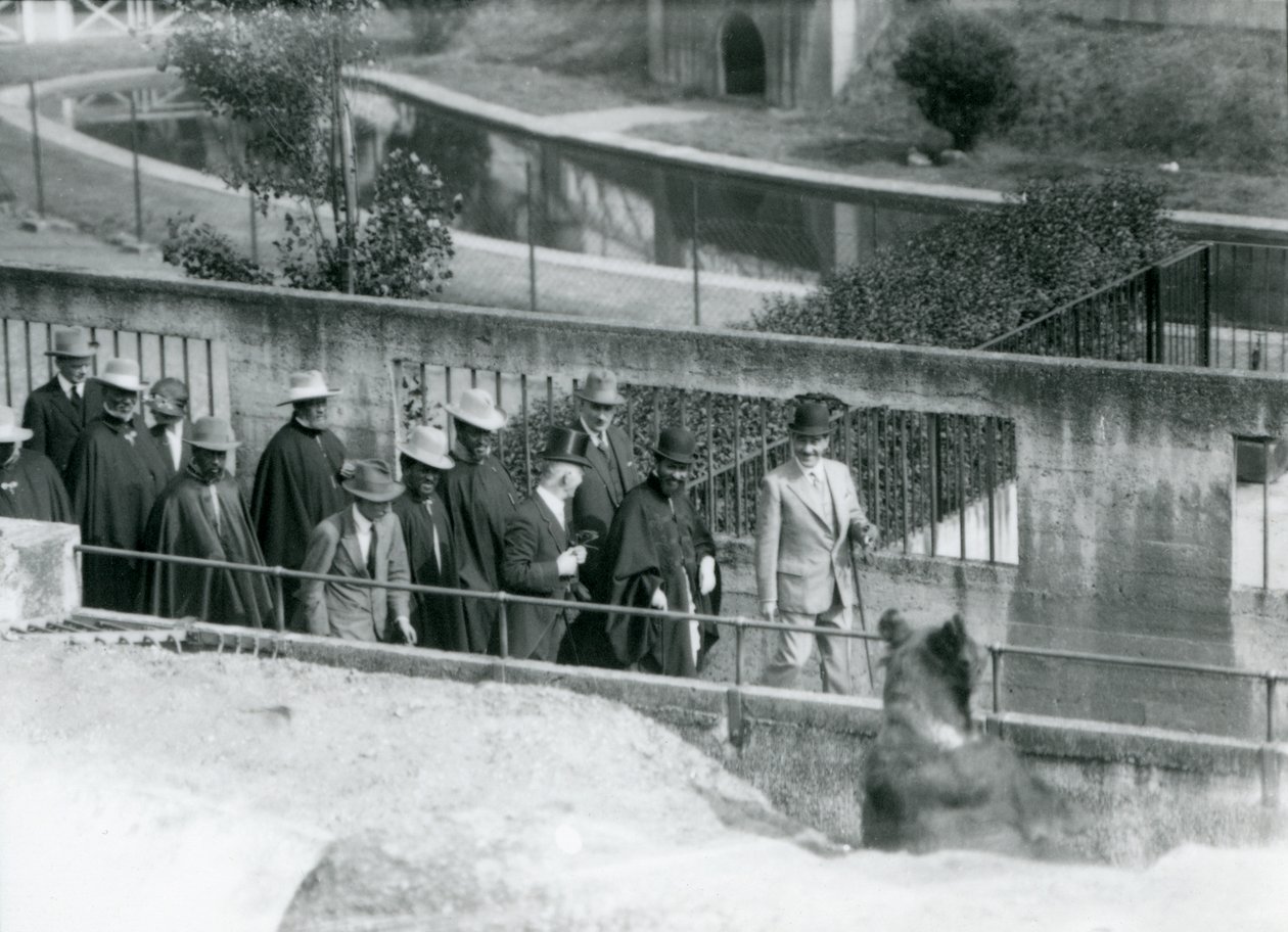 Sir Peter Chalmers Mitchell with Ethiopian Regent Haile Selassie and his entourage, viewing a Brown Bear on the Mappin Terraces, London Zoo by Frederick William Bond