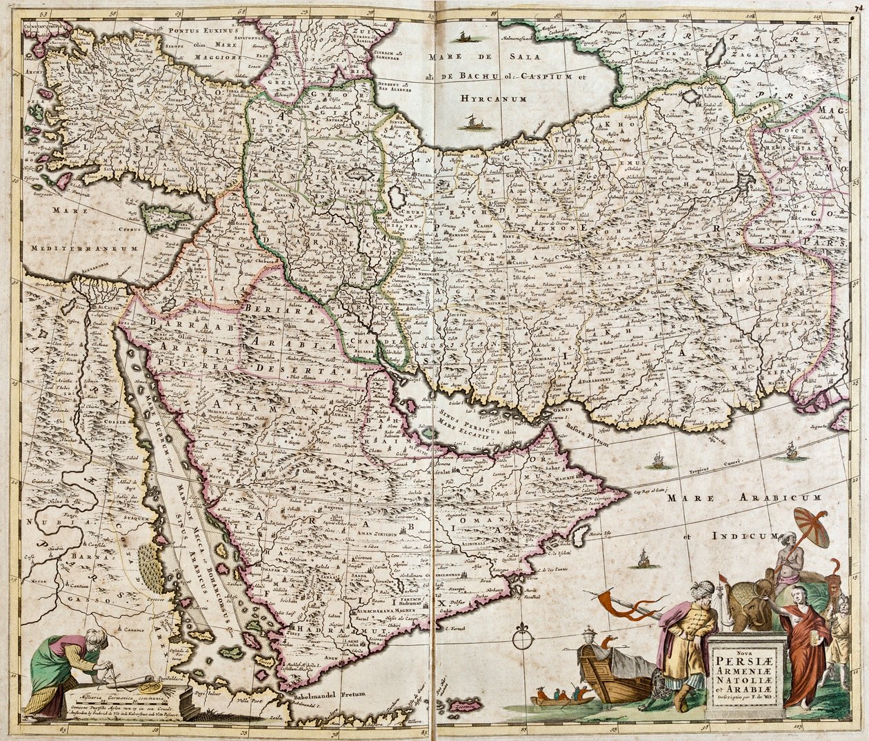 Map of Persia (Iran), Armenia, Anatolia (Turkey) and Arabia (Arabian Peninsula: Saudi Arabia, Kuwait, United Arab Emirates, Oman, Qatar, Yemen, Bahrain) by Frederick de Wit