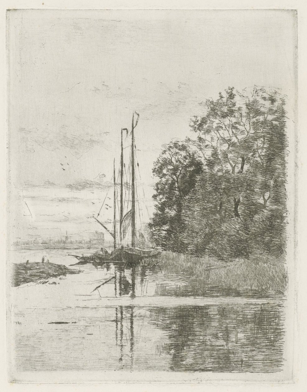 River View with Two Ships and a Boat by Fredericus Jacobus van Rossum du Chattel (signed by artist)