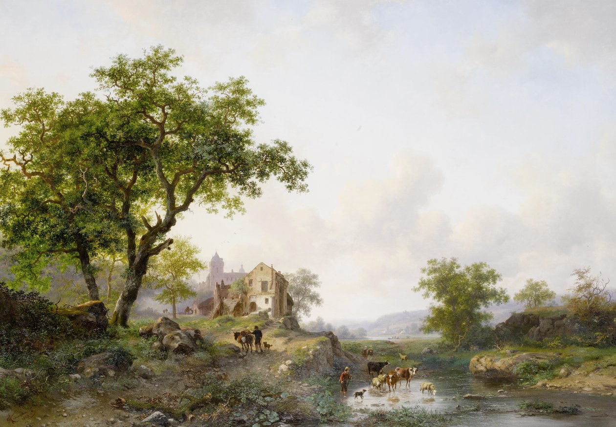Summer Landscape with Cattle Near a River by Frederick Marianus Kruseman