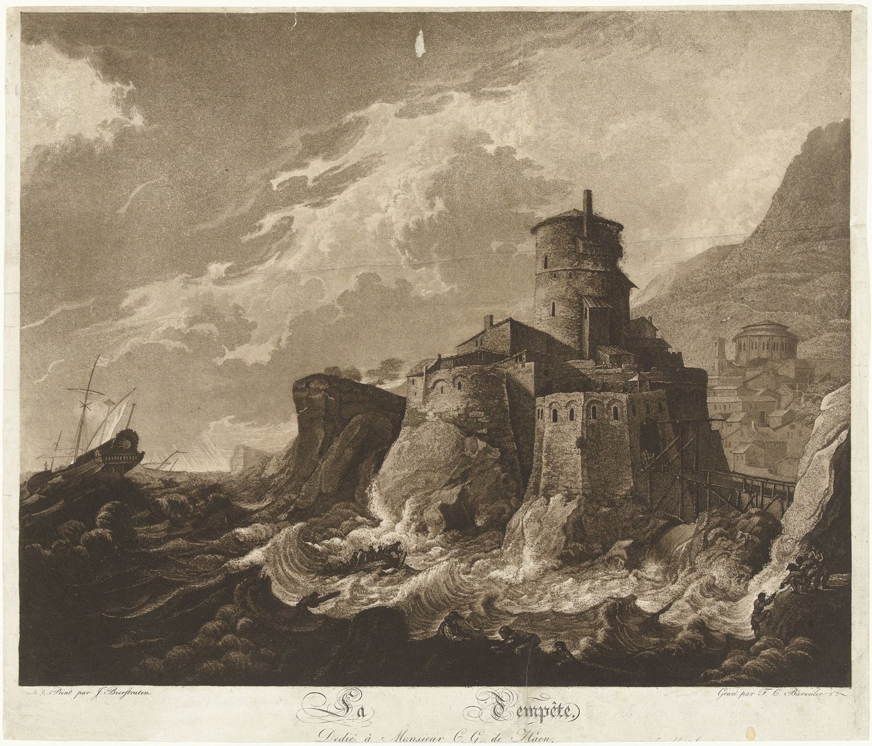 Castle on Rocky Coast and Ships in Storm at Sea by Frederik Christiaan Bierweiler