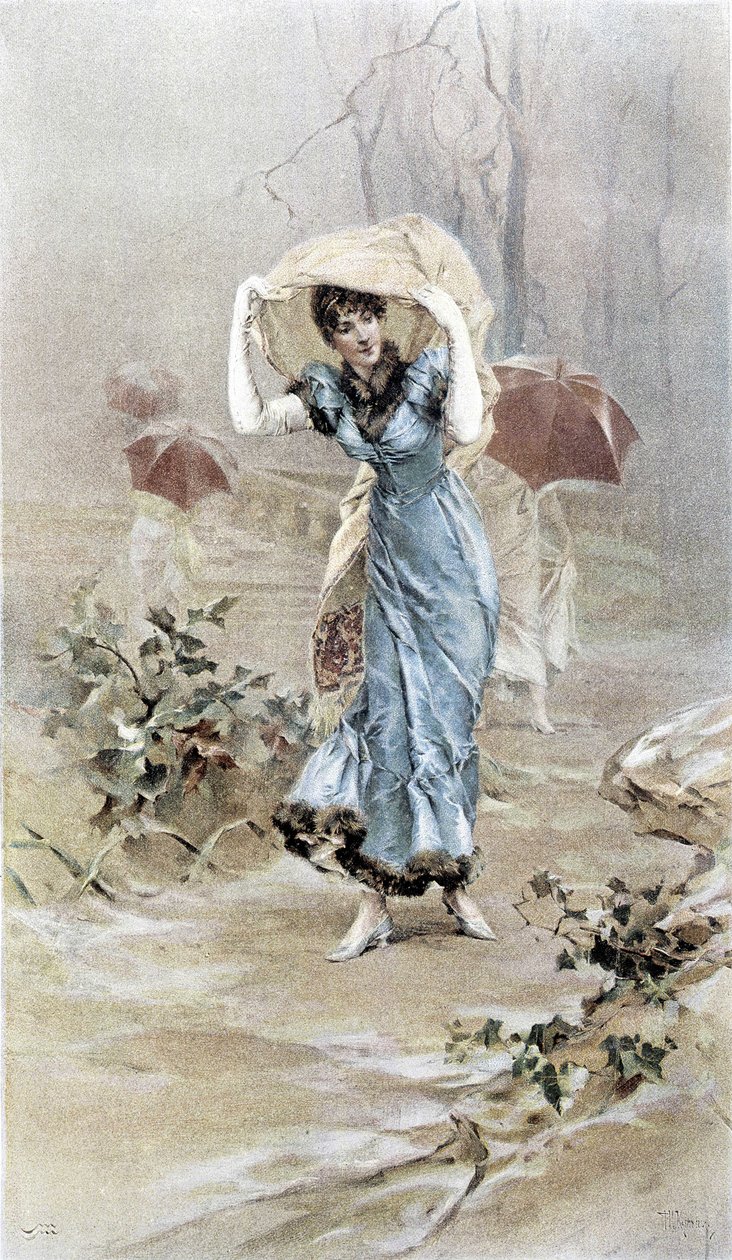 Woman protecting herself from the rain - allegory of early autumn, calendar illustrated by Hubert Dys, painted by F.H. Kaemmerer by Frederik Hendrik Kaemmerer