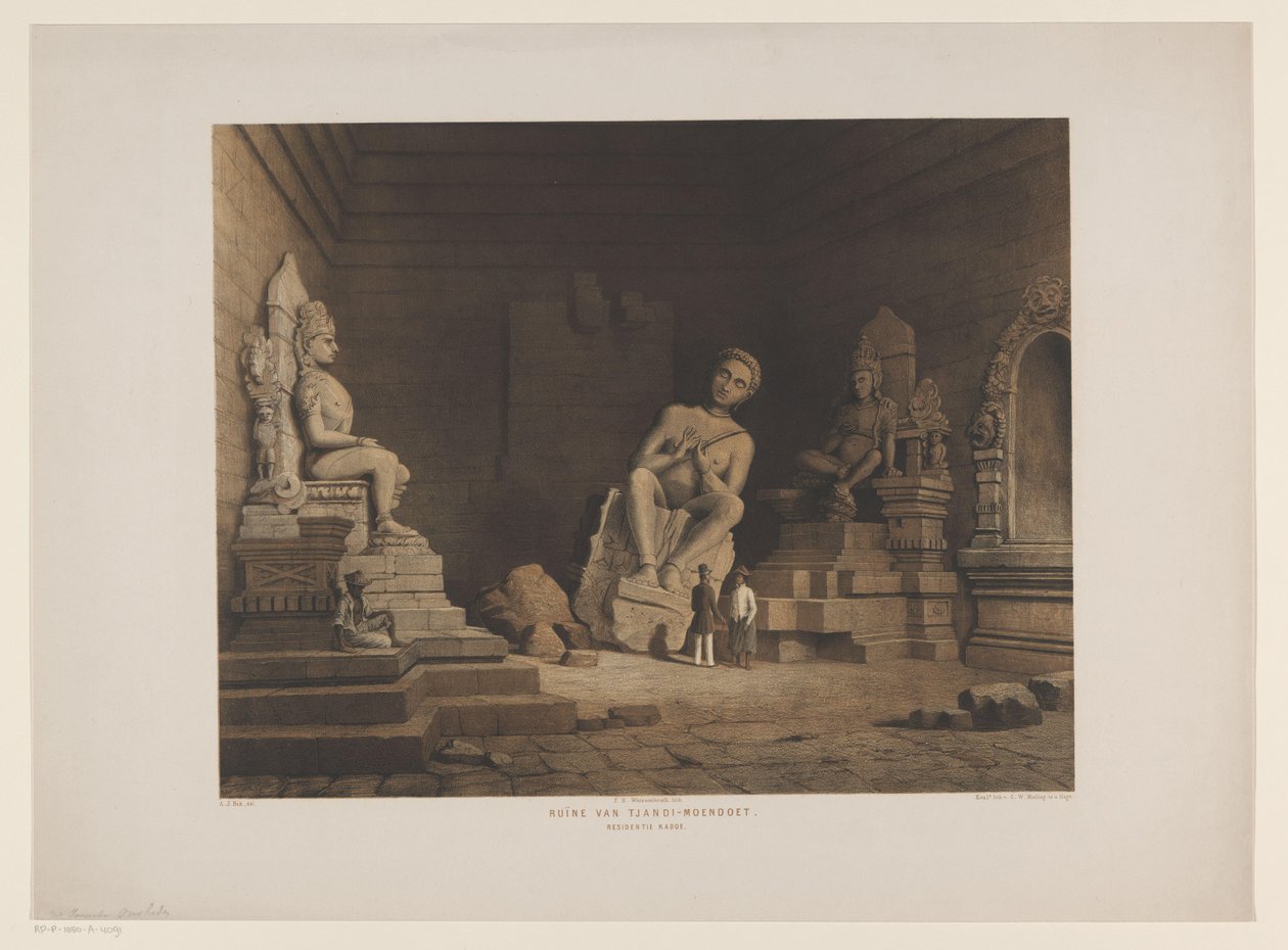 Two Men in the Ruins of Tjandi Mendoet (Ruins of Tjandi-Moendoet, Residency Kadoe) by Frederik Hendrik Weissenbruch